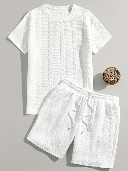 Men'S Casual Short Sleeve T-Shirt and Shorts Set - Knit, Light Gray, Two-Piece, All-Season Comfort, Drawstring Waist, Casual Style, Allseason Comfortwear | Casual Style Set | Knit Texture, Thick