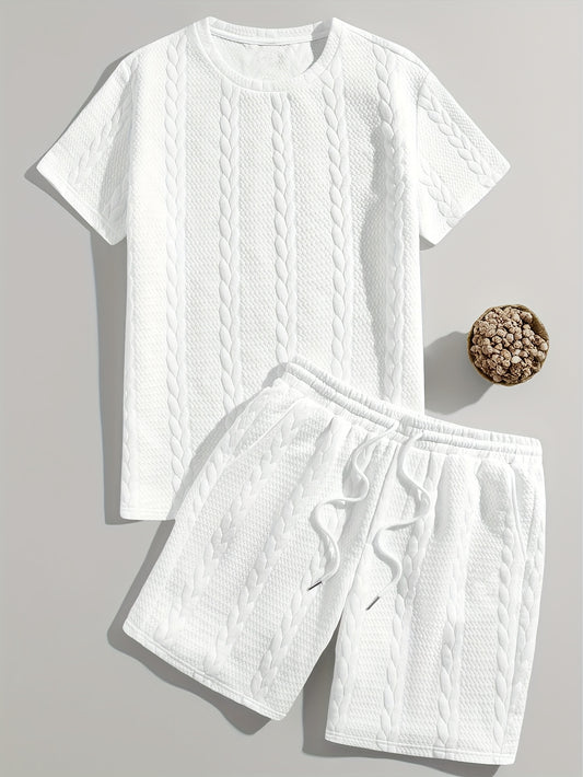 Men'S Casual Short Sleeve T-Shirt and Shorts Set - Knit, Light Gray, Two-Piece, All-Season Comfort, Drawstring Waist, Casual Style, Allseason Comfortwear | Casual Style Set | Knit Texture, Thick