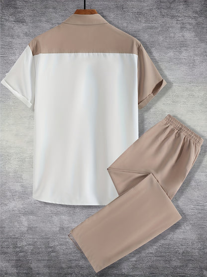 Men'S Casual Two-Piece Spring/Summer Color Block Short Sleeve Shirt and Pants Set - Polyester, Regular Fit, Button-Up with Pocket, No Belt, All-Season Wear, Casual Attire|Casual Style|Polyester Fabric