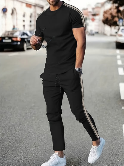 Cross-Border New Summer 2pcs Short-Sleeved T-Shirt And Long Pants Casual Men'S Casual Outdoor Sports Suit, Side Stripe Casual And Fashionable Men'S 2pcs Set