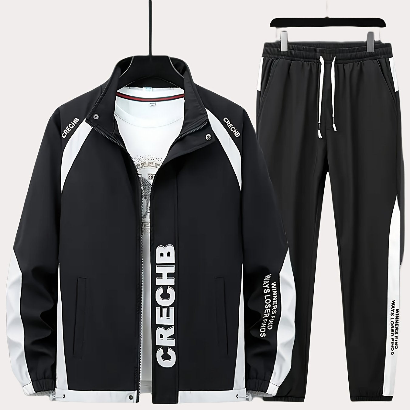 Unisex Sportswear Set for Spring And Autumn, Featuring a Zip-Up Jacket with a Stand Collar And Striped Long Pants in Black And White, a Stylish Outfit That Makes a Great Gift, Sweat-Resistant, Hand Wash Only, Workout Accessor