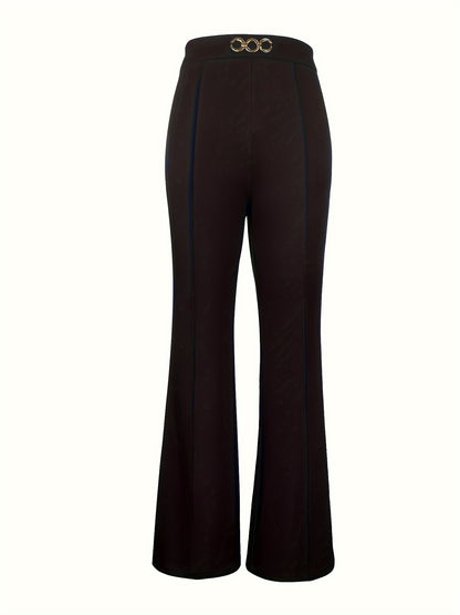 Elegant Women's Navy Blue Straight-Leg Pants with Golden Metal Accent Buttons - Chic & Versatile, High-Waisted, Polyester Blend, Machine Washable - Perfect for Work & Everyday Elegance