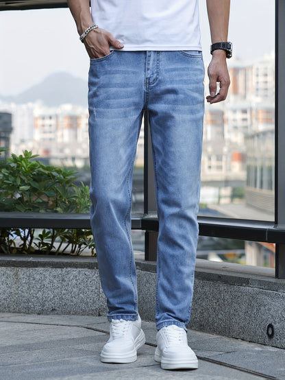 Men's Solid Skinny Cotton Blend Denim Jeans, All Seasons Wearable Medium Stretch Washed Jeans, Suitable For Daily And Outing Wear