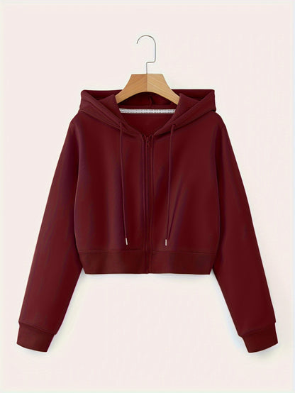 Zip Up Cropped Drawstring Hoodie, Casual Long Sleeve Sweatshirt For Spring & Fall, Women's Clothing