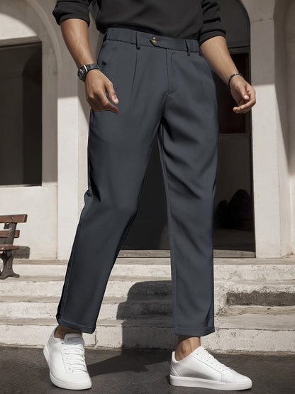 Men's Sleek Solid Color Dress Pants - Polyester, Mid-Rise with Pockets, Ideal for Office & Casual Wear in Spring/Summer, Non-Stretch Fabric
