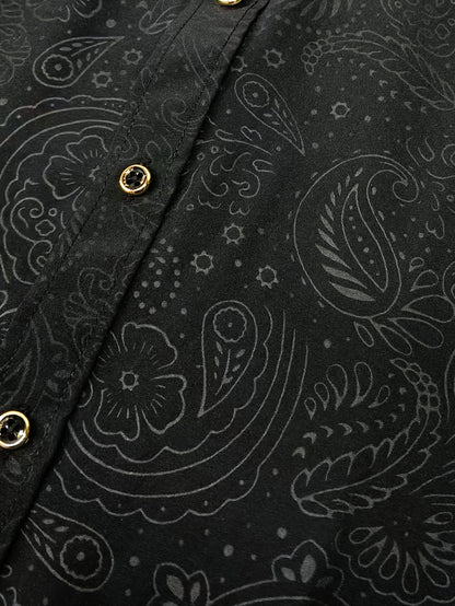 Men's Slim-Fit Black Paisley Print Long Sleeve Shirt - Stylish Button-Up with Unique Irregular Dark Pattern, Polyester, Machine Washable, All-Season Wear