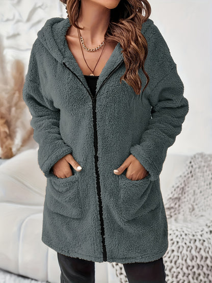 Women's Winter Elegant Solid Color Zipper Patch Pocket Long Sleeve Plush Hooded Coat
