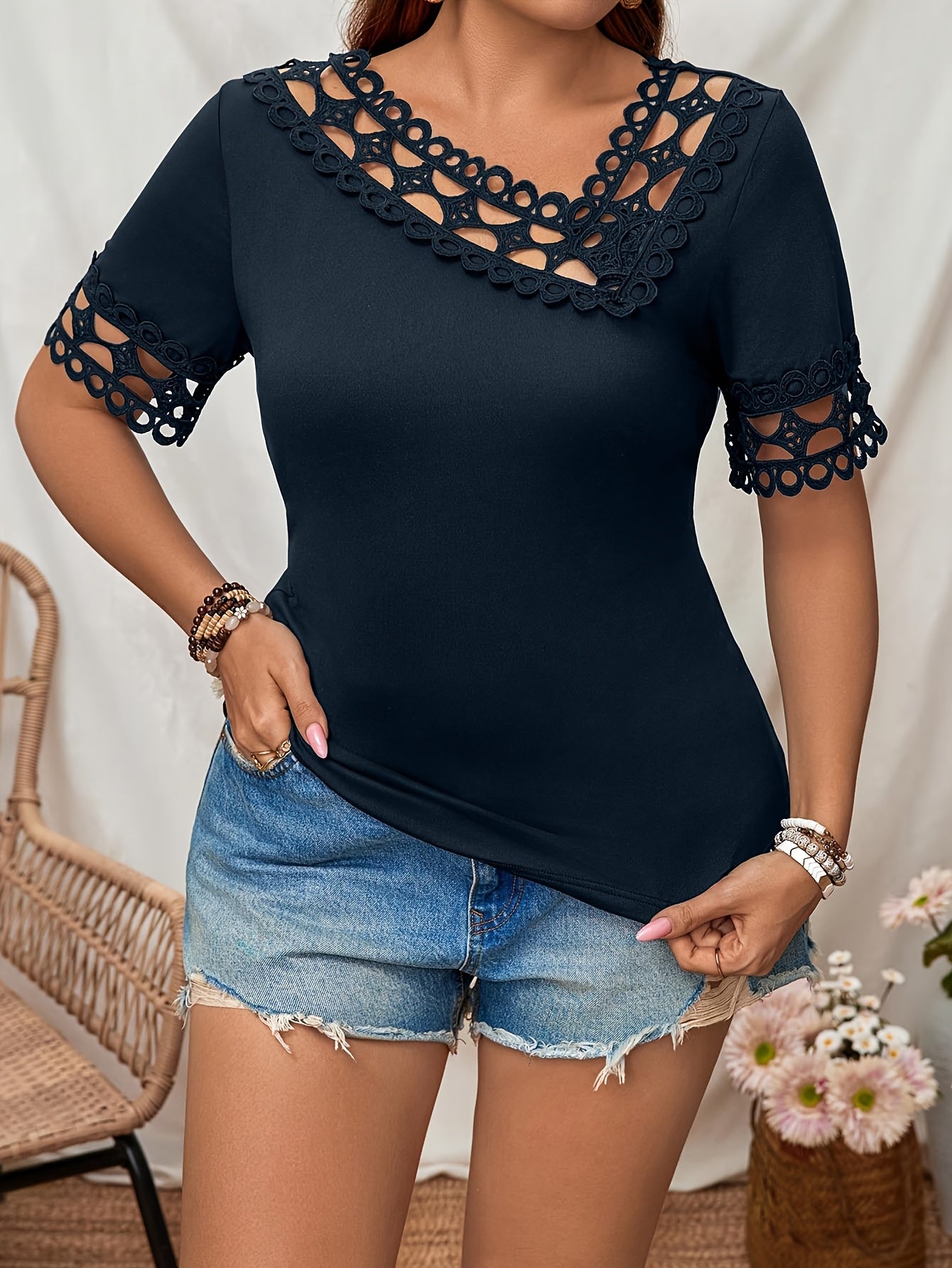 Women's Plus Size Elegant Short Sleeve Top with Asymmetrical Neckline and Lace Cut-Out Detail - Stretchy Polyester Blend, Machine Washable, Black, Perfect for Spring/Summer Casual Outfits, Spring Fashion Wear | Asymmetrical N