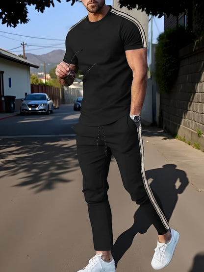 Cross-Border New Summer 2pcs Short-Sleeved T-Shirt And Long Pants Casual Men'S Casual Outdoor Sports Suit, Side Stripe Casual And Fashionable Men'S 2pcs Set