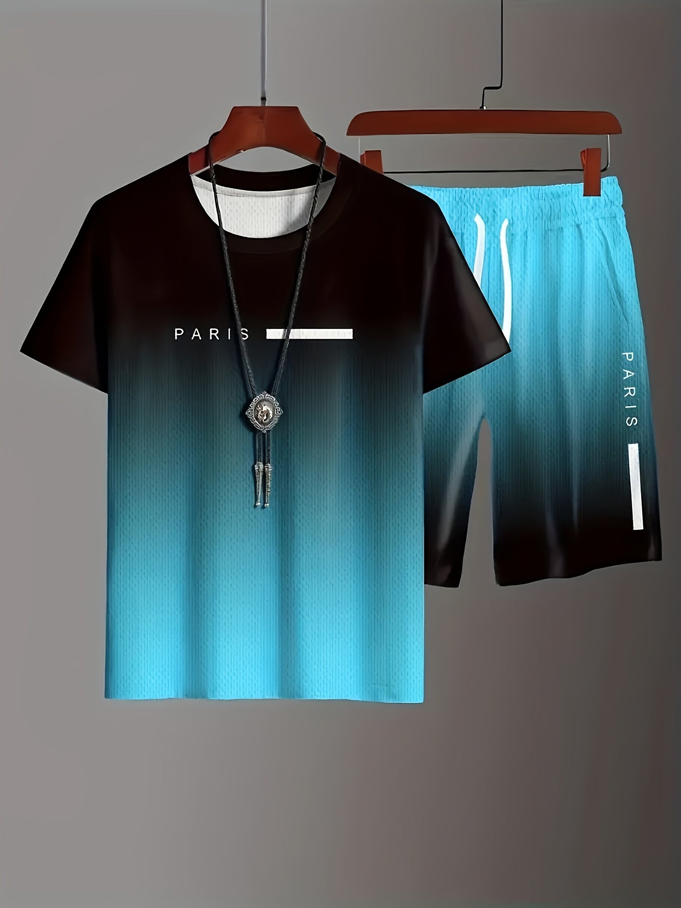 Men'S Summer Sports Workout Set - Crew Neck Short Sleeve T-Shirt & Shorts with "PARIS" Print, Striped Pattern, Knit Fabric, Slight Stretch, Polyester & Spandex Blend, Regular Fit