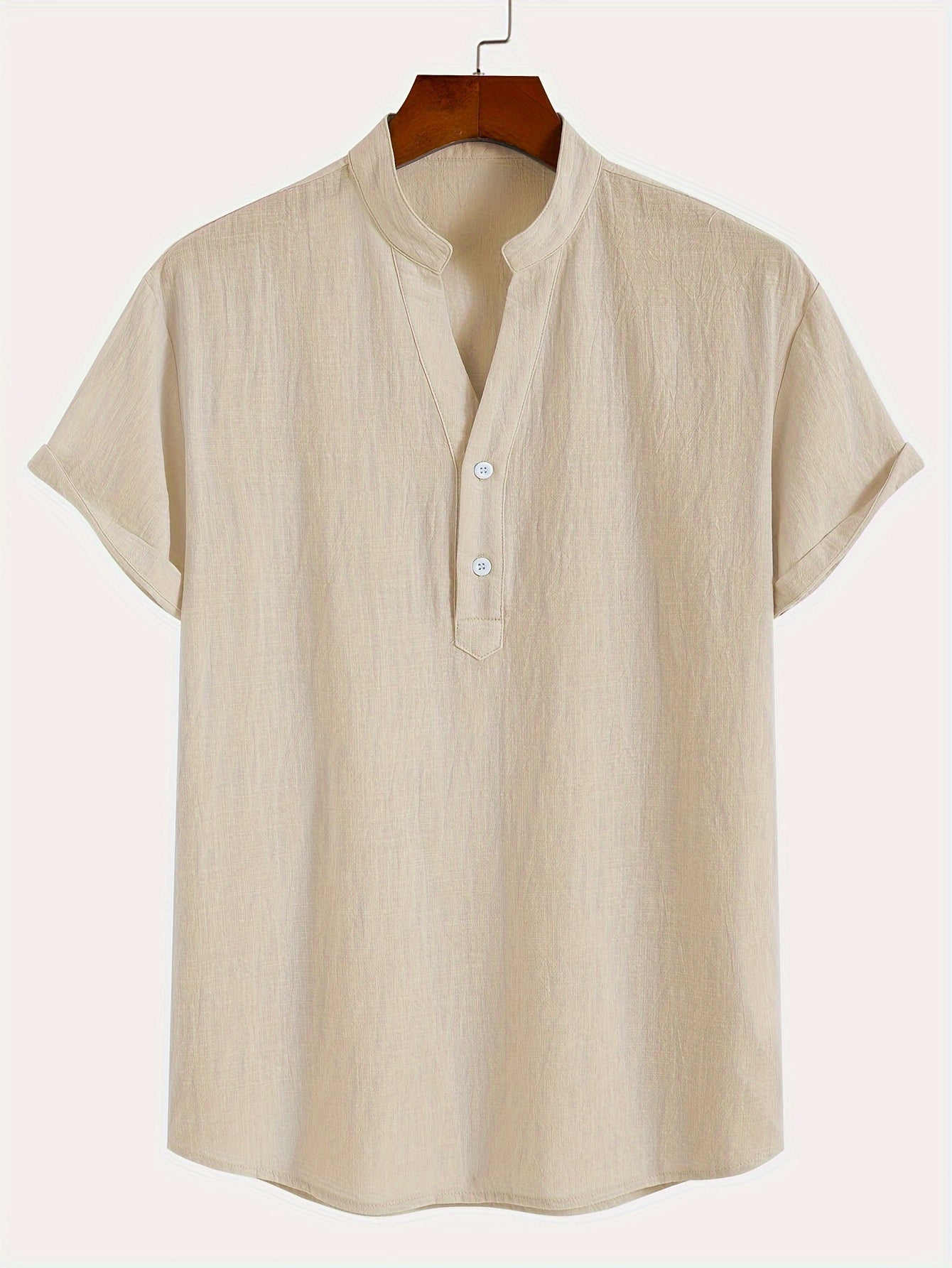 Men'S Classic Solid Color Pure Cotton And Bamboo Textured Breathable Fabric V-Neck Half-Button Design Suitable for Daily Casual Wear, Simple And Versatile, Stylish for Vacations, Hawaiian Style Light Blue Short-Sleeve Shirt.