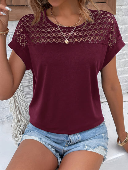 Women's Batwing Short Sleeve T-Shirt - Lace Contrast Raglan Sleeves, Round Neck Longline Top, Burgundy & White Elegant Design, Machine Washable All-Season Casual Wear, Vacation Clothing, Nontransparent Fabric