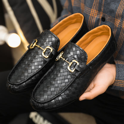 Men's Slip-On Loafers - Black & Tan Casual Shoes with Golden-Tone Metal Accents, Round Toe Comfort, All-Season Versatile for Office & Social Events, Casual Attire, Elegant Style, Premium Material, Modern Gentlemen