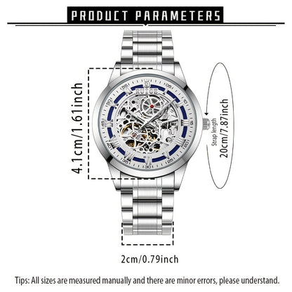 Dianpai Men'S Luxury Automatic Mechanical Watch - Skeleton Design, Stainless Steel Strap, Blue & White Dial, Mechanical Movement, Ideal for Christmas, Thanksgiving, and Spring Festival, Without Battery