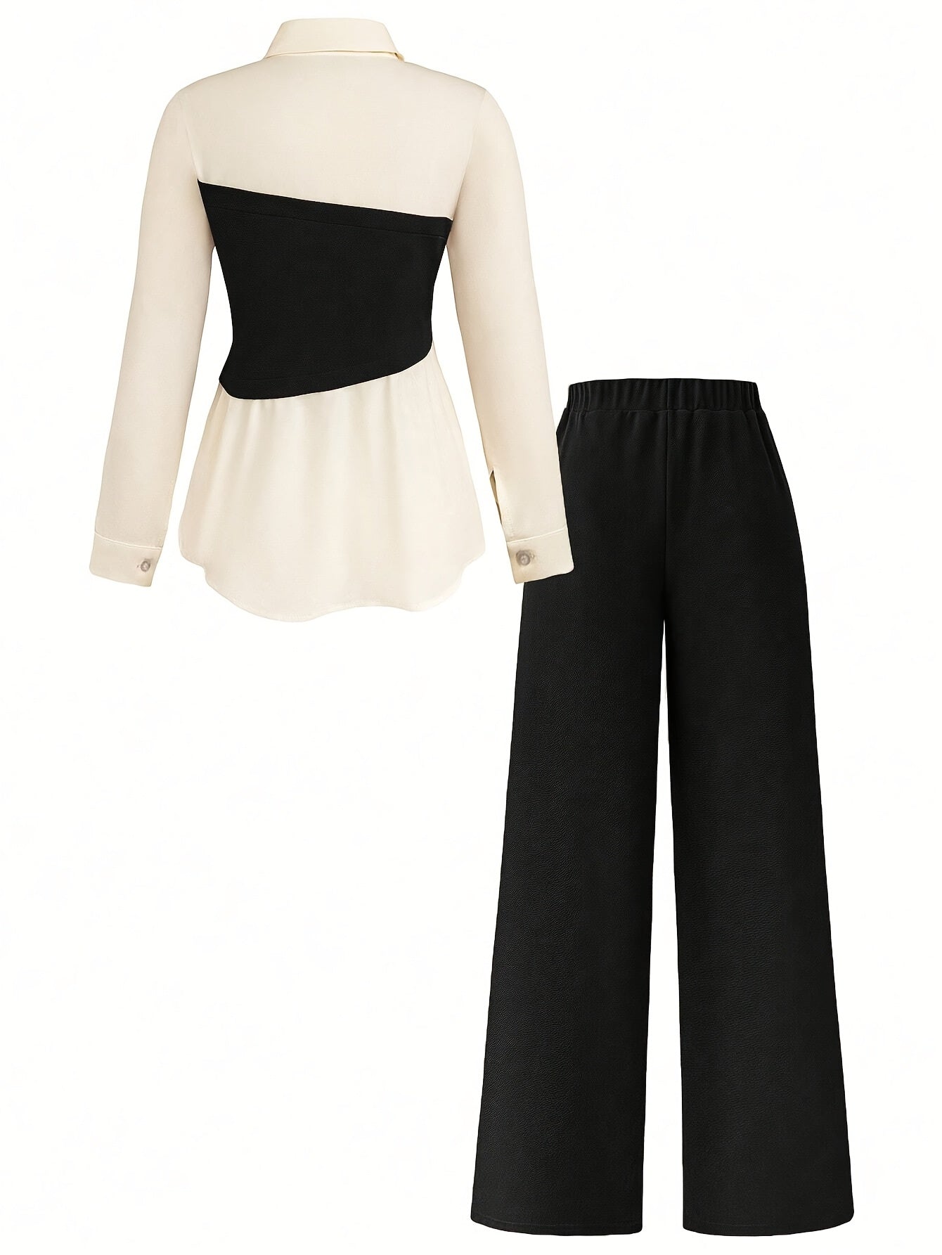 Elegant daily commuting two-piece set for ladies, featuring a color-blocked and pieced-together shirt and wide-leg trousers, suitable for all four seasons and machine washable.