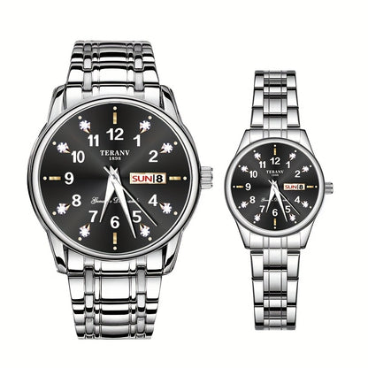 Two Stylish Digital Round Dial Couple'S Quartz Watches - IPX7 Waterproof, Luminous, Dual Calendar, Date and Day/Week Display, Alloy Strap Business Watches, Suitable for Women and Men, Valentine'S Day Gift Wristwatches