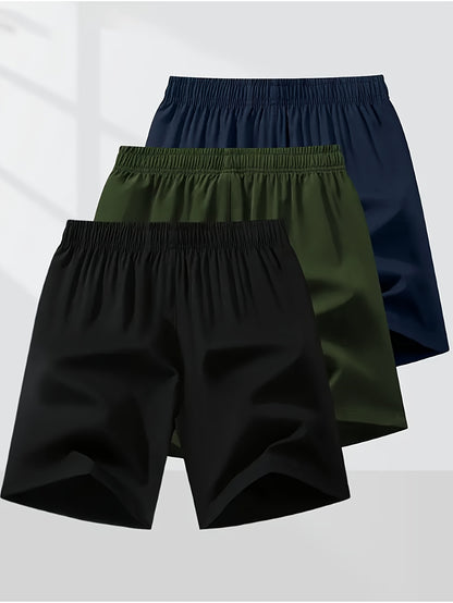 3-Pack Men'S Fashion Sports Casual Shorts, 97% Polyester 3% Elastane, Solid Color, Zipper Detail, Woven Fabric, Slight Stretch, Loose Fit, 117g/m² Weight