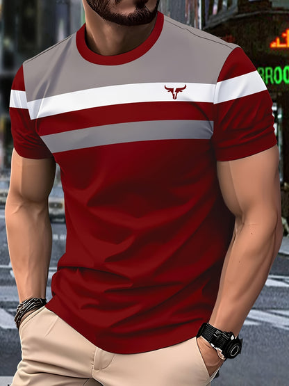 Men'S 3D Digital Print Short Sleeve T-Shirt - Vibrant Color Block Stripes & Bull Head Logo, Breathable Lightweight Fabric, Regular Fit All-Season Casual Top, Durable Urban Style Tee, Versatile Clothing, Modern Fashion, Comfor