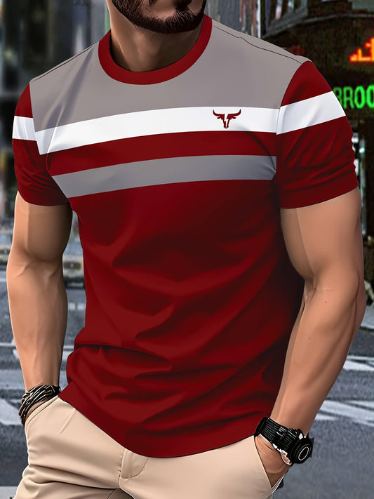 Men'S 3D Digital Print Short Sleeve T-Shirt - Vibrant Color Block Stripes & Bull Head Logo, Breathable Lightweight Fabric, Regular Fit All-Season Casual Top, Durable Urban Style Tee, Versatile Clothing, Modern Fashion, Comfor