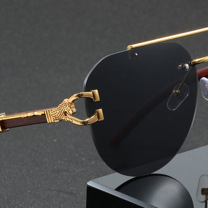 A Pair of Men'S Golden Double-Bridge Frameless Oval Glasses with Leopard Decoration And Faux Wood Grain, Stylish Unisex Eyewear.