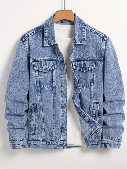 Men's Denim Jacket, Turn-Down Collar, Regular Fit Classic Design Denim Coat For Spring & Autumn