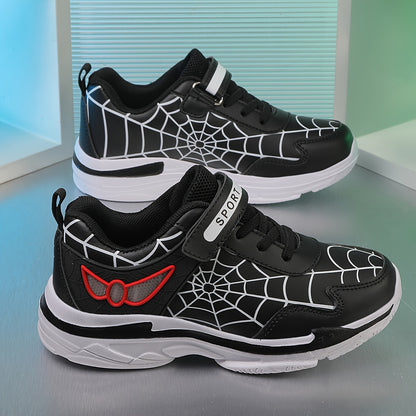Kids Fashion Sneakers Breathable Lightweight Sport Casual Shoes with Cartoon Spider Web Design, Closure, Low Top PU and Fabric for Boys and Girls – Versatile All-Season Footwear for Outdoor Activities