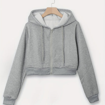 Zip Up Cropped Drawstring Hoodie, Casual Long Sleeve Sweatshirt For Spring & Fall, Women's Clothing