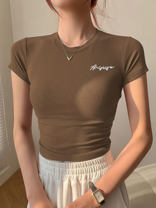 Women's Summer Slim Fit Short Sleeve T-Shirt - High Elasticity Breathable Fabric with Black Letter Embroidery, Versatile Casual & Office Wear, Elegant Collection, Cute Short Sleeve Tops, Everyday Comfort Tee, Slim Fit Tee, Sm