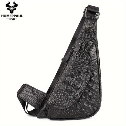 HUMERPAUL Men'S Casual Brown Leather Crossbody Bag with Alligator Print - Adjustable Strap, Multi-Compartment, Everyday Commute Shoulder Bag, Everyday Bag | Casual Style Bag | Adjustable Strap Bag