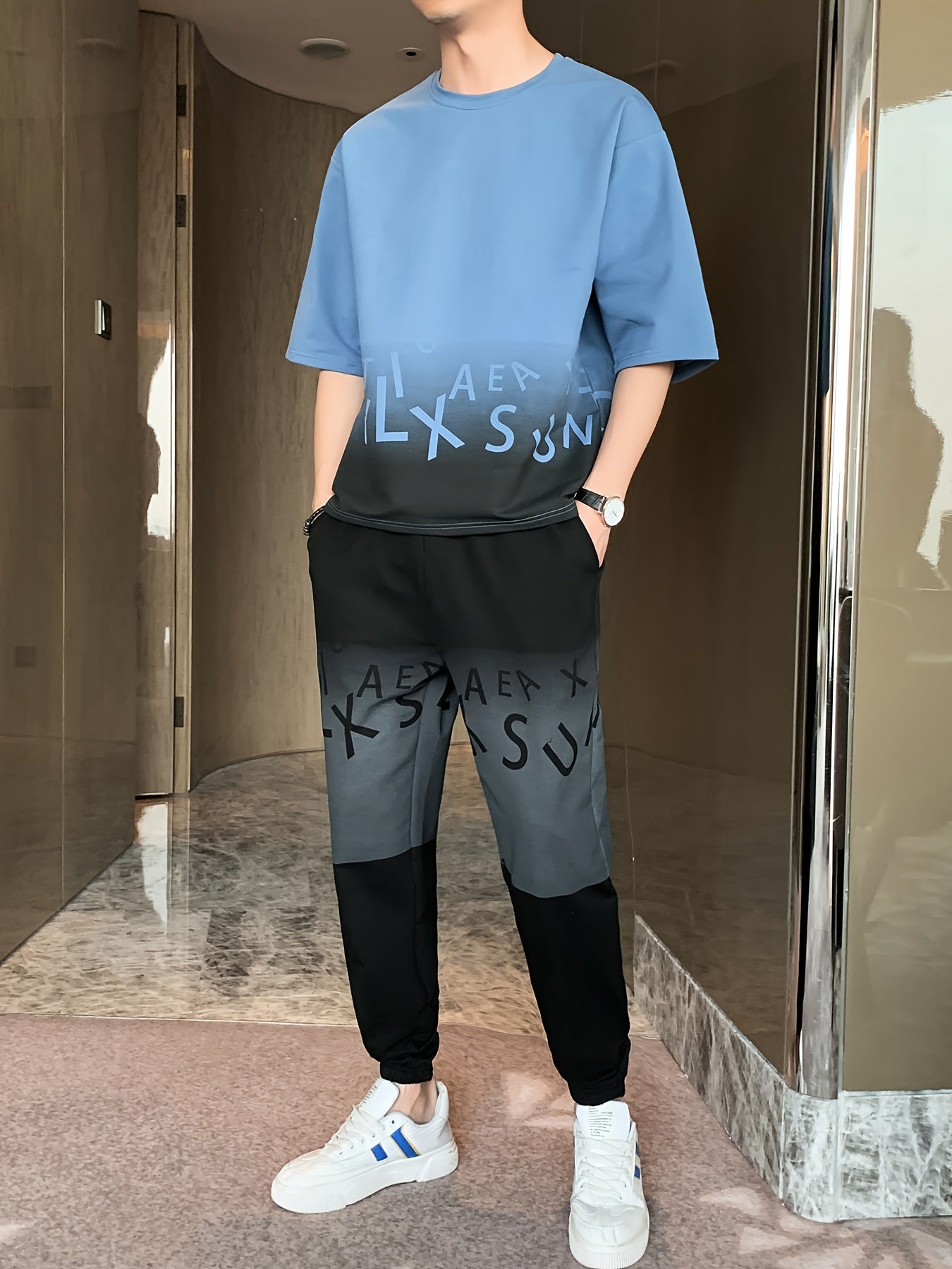 Men's Summer Casual Cotton Blend Outfit Set - Gradient Color Short Sleeve T-Shirt & Stylish Drawstring Shorts, Machine Washable