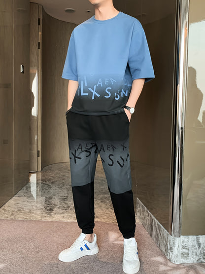 Men's Summer Casual Cotton Blend Outfit Set - Gradient Color Short Sleeve T-Shirt & Stylish Drawstring Shorts, Machine Washable