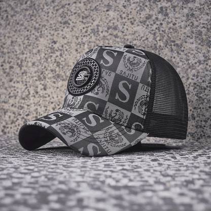 Retro Patchwork Embroidered Letter S Baseball Cap - Breathable Mesh Sun Hat for Men & Women, Checkered Duckbill Design, Summer Outdoor Fashion Hat with Wide Brim, Patches for Hats