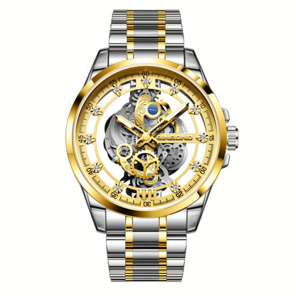 BINBOND Men's Sleek Golden-Tone Quartz Watch - Transparent Dual-Sided Hollow Design, Waterproof with Luminous Hands, Stainless Steel Band, Ideal Gift