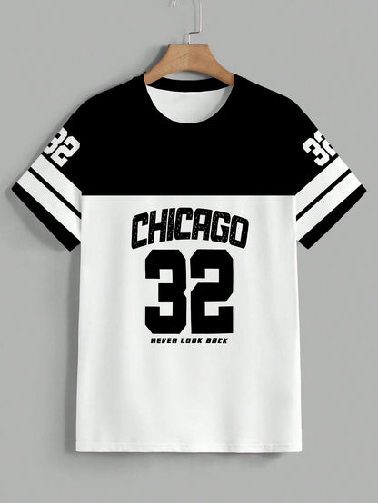 OBM Men's Chicago 32 Graphic Print T-Shirt - 100% Polyester Casual Short Sleeve Tee with Bold Numerals, Machine Washable Summer Streetwear Top, Chicago T Shirt, Urban Style, Sporty Look, Durable Material, Urban Lifestyle