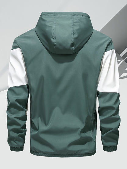 Men's Casual 2-Piece Outfit, Stylish Color Block Zip Up Hooded Jacket, Breathable Solid Color Drawstring Pants