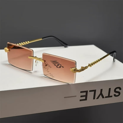 1 Pair Men's Frameless Rectangular Fashion Glasses with Golden Snake-Light Beige Metal Temples - Wide Fit (>139mm), Decorative Lens, Casual Fashion Accessories for Halloween/Christmas/Mother’s Day, Trendy Eyewear, Snake Pat