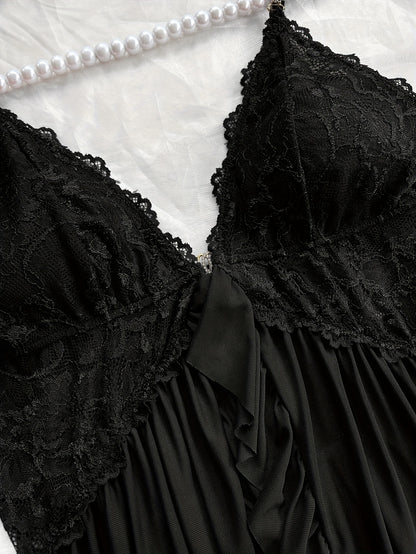 Sexy and Romantic Sleepwear Set, Solid Color Lace Camisole with Matching Panties, V-Neck Design Accentuating Elegant Neckline, Delicate Lace Pattern for Softness. Flared Hem and Ruffled Front Add Graceful Charm, Perfect for a