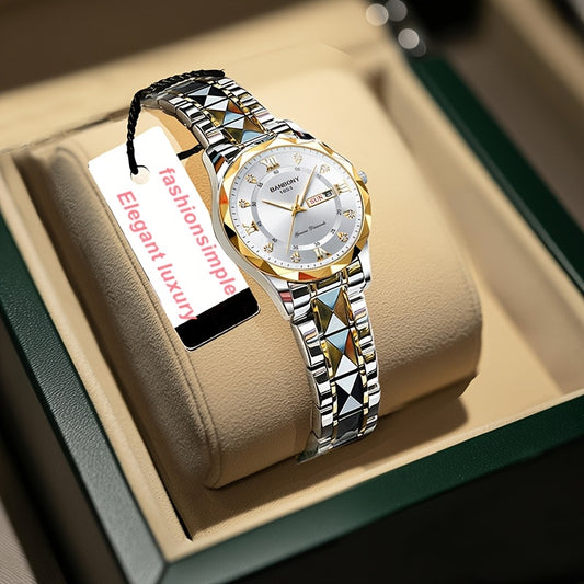 1pc Elegant BANBONY Stainless Steel Women'S Watch with Sparkling Rhinestones, Double Calendar, Glow-in-the-Dark Display, Waterproof - Ideal Gift for Birthdays, Anniversaries, and Special Occasions, Luxury Accessory | Elegant