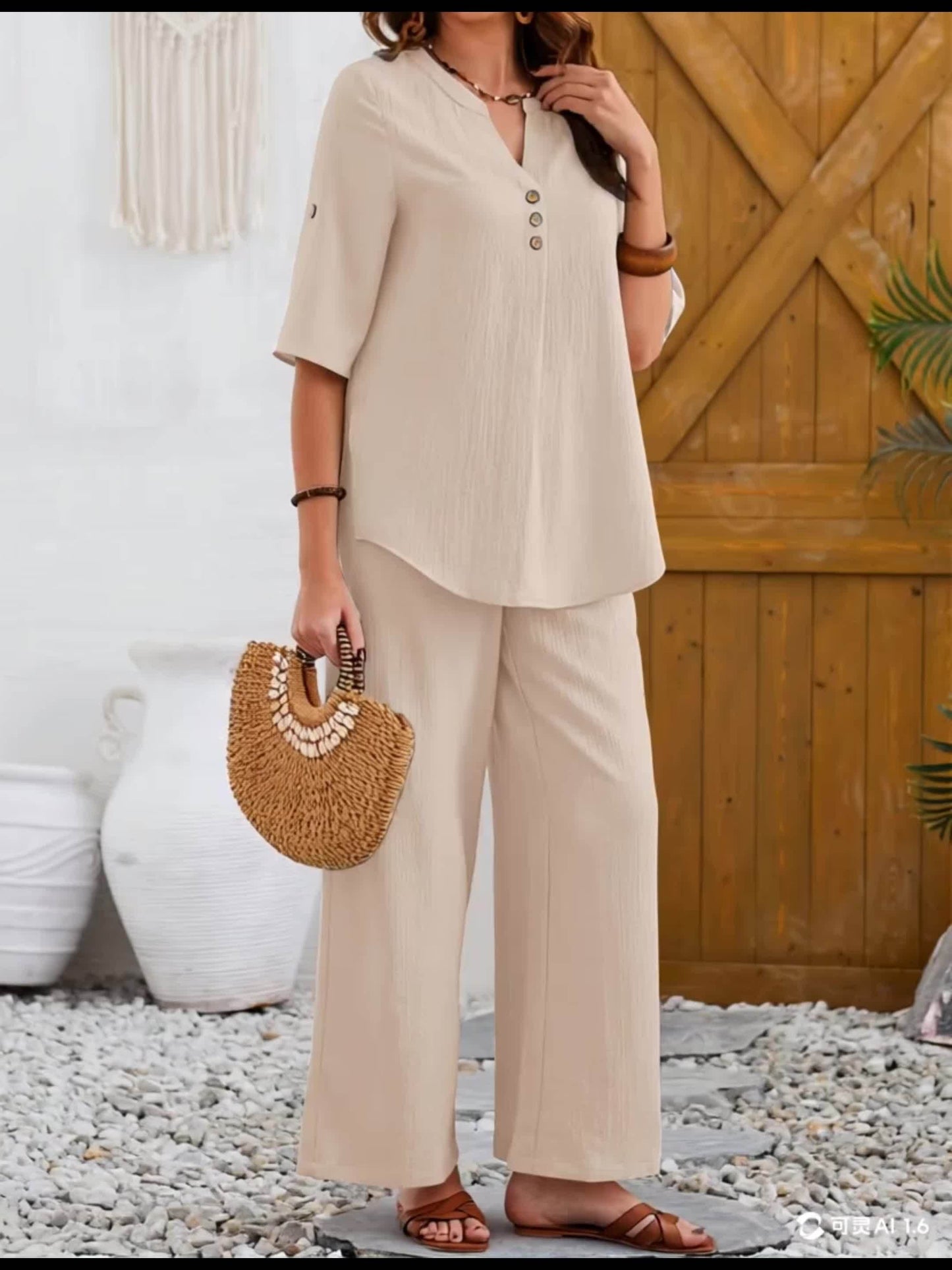 Women'S Large Size Elegant Wide Leg Pants Short Sleeve Top Set with Fake Buttons, YUKIWI