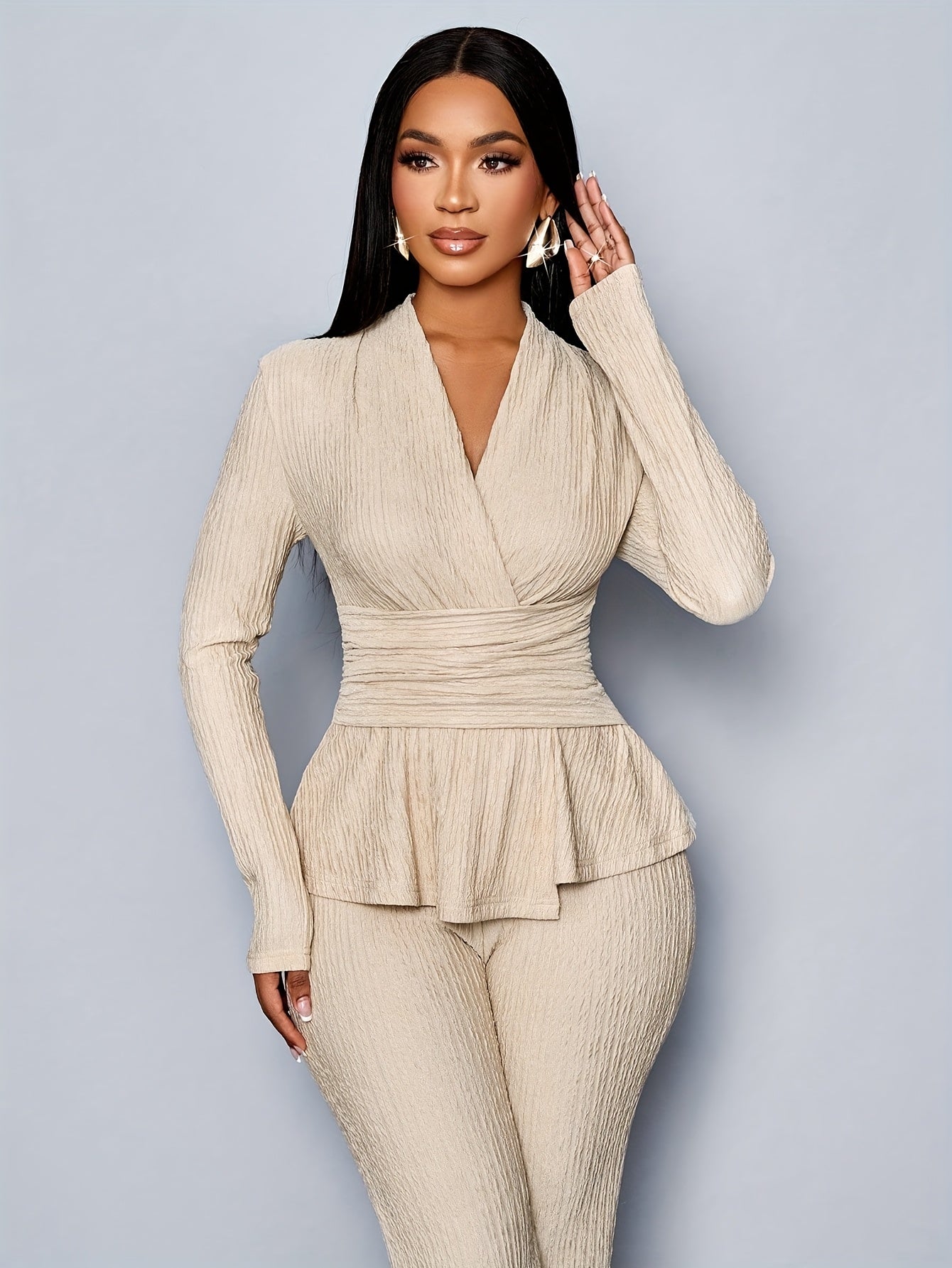 Women'S Elegant Beige Two-Piece Suit with V-Neck and Long Sleeves, Asymmetrical Hem, Wide Leg Pants, and Clutch - Perfect for Office or Casual Wear, Casual Attire|Elegant Two-Piece Set|Asymmetrical Hemline