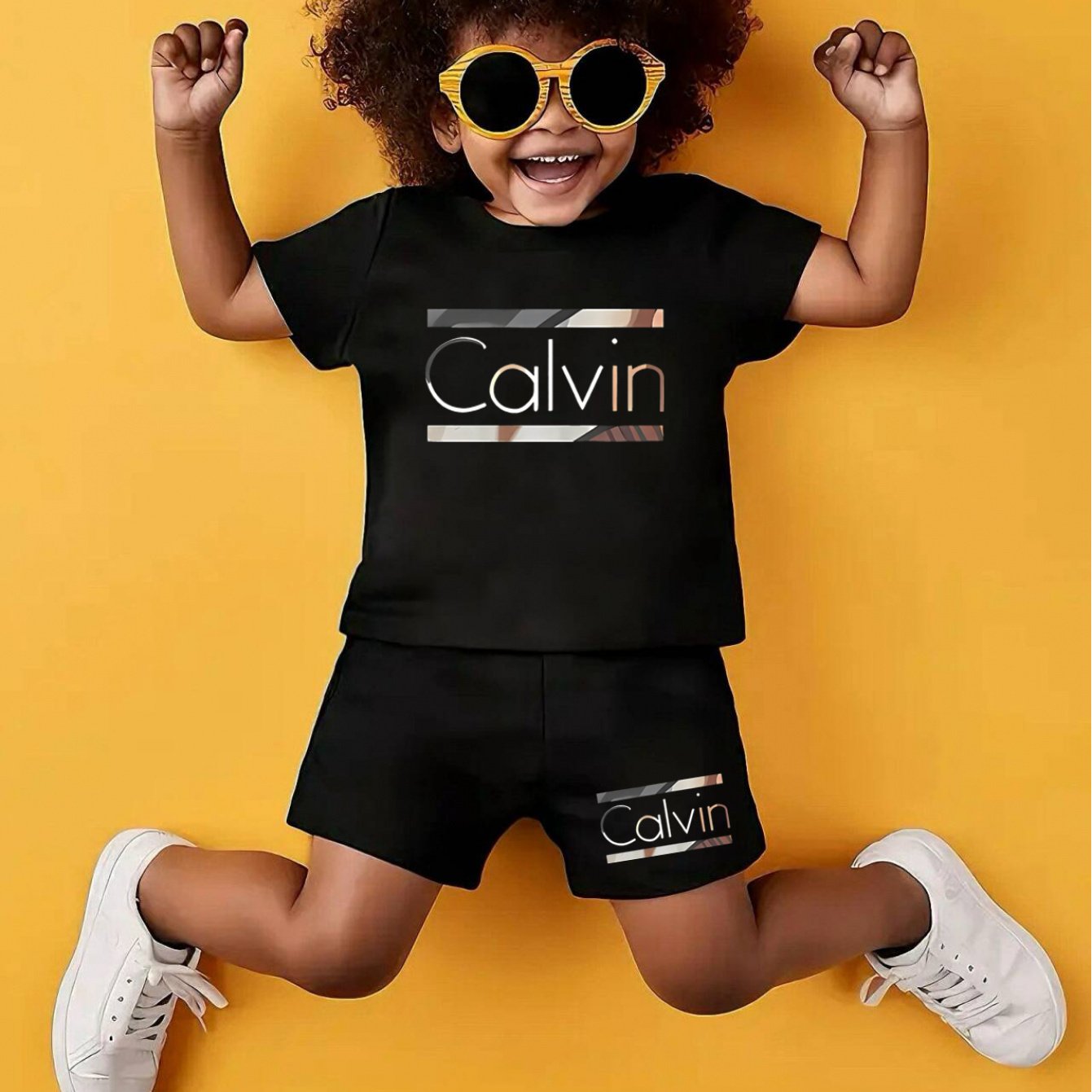2pcs - Youngsters' Short Sleeve Shorts Set - Street Style Casual "Calvin" Letter Print, Vibrant Design - Summer Outdoor Outfit, Polyester Fabric, Comfortable for All Seasons, Daily Wear | Lively Printed Top | Stretchy Materia