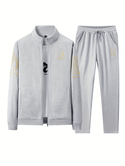 Men's Casual Print Sweatshirt & Joggers Set - Polyester, Stand Collar, Zip-Up Jacket for Spring/Fall