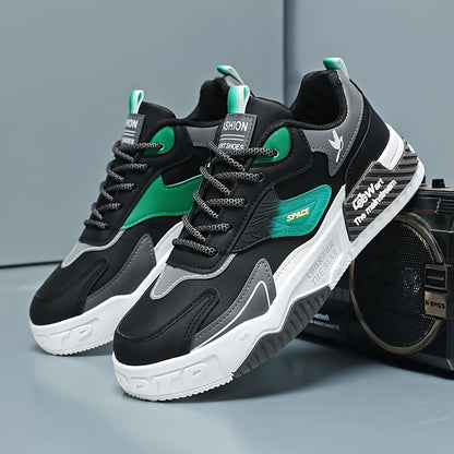 Men's Low-Top Skate Sneakers - Black with Teal Accents, PU Upper & PVC Sole, Slip-Resistant Comfortable Lace-Up Shoes for Urban Streetwear, Outdoor Sports, All-Season Casual Wear, Skate Shoes, Modern Street Style, Durable Fab