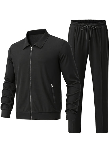 Men's Solid Waffle 2pcs Athletic Outfits, Zip-up Jacket & Pants co ord set for Outdoor Sports