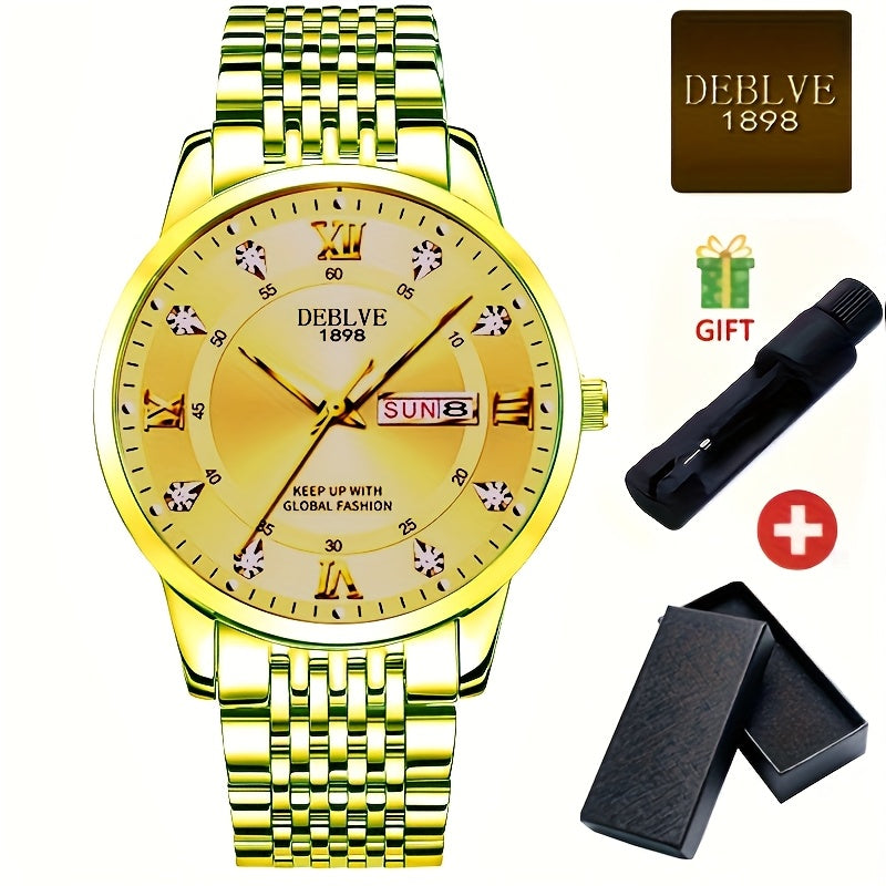 Elegant Men'S Stainless Steel Quartz Watch with Luminous Hands, Date Display & Week Indicator - Classic Design, Non-Waterproof, Battery Powered - Ideal Gift for Christmas, Halloween, Campus Related Events, Everyday Watch|Clas