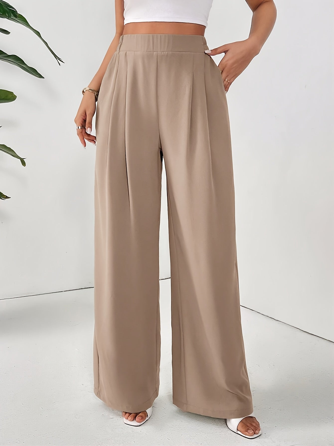 Women'S Elegant Wide Leg Pants - Beige Loose Fit with Elastic Waist, Comfortable Polyester Fabric for Spring/Summer Vacations, Casual Chic Style