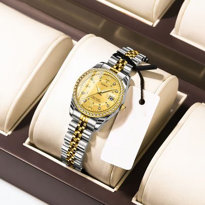KASRLUO Women's Stainless Steel Quartz Watch with Luminous Rhinestone Date Display, Blue Dial & Golden-Tone Band - Elegant Business Style, Casual Elegance | Elegant Timepiece | Luminous Dial