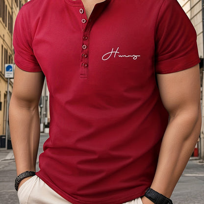 Trendy Letters Print Men's Athletic V-Neck Henley T-Shirt - Short Sleeve Casual Workout Top For Spring Summer Fitness Holiday
