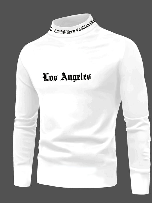 Men'S Long Sleeve Crewneck T-Shirt - Los Angeles Print, Soft Fabric, Casual Fit for Fall Sports & Fitness Activities, Weekend Casual Top | Trendy Casual Style | Smooth Texture Fabric