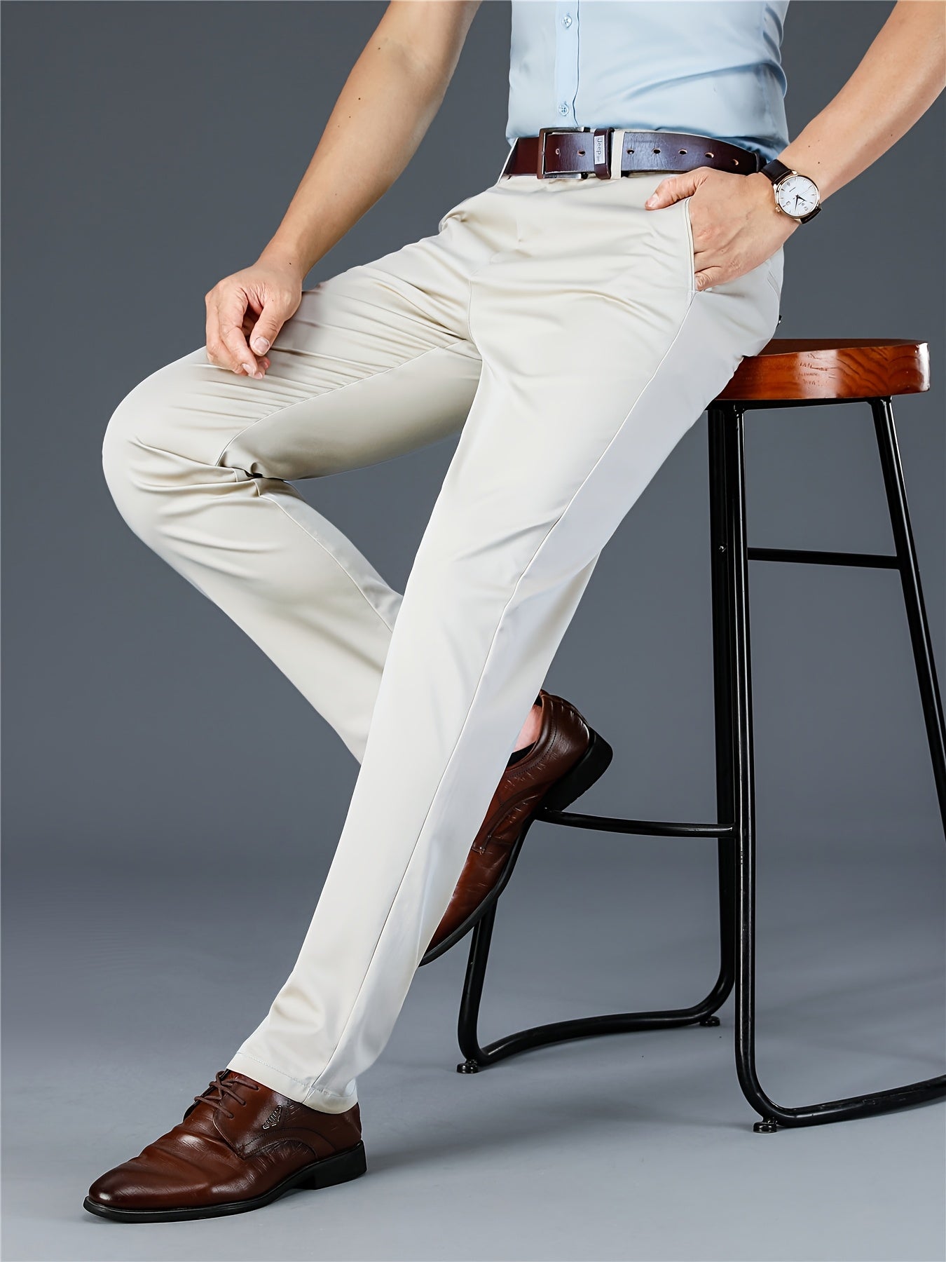 [Durable Build] Men's All-Season Casual Dress Pants - Business Style Stretch Trousers, Comfortable Classic Design, Light Brown Polyester Blend, Machine Washable, Smooth Finish, Regular Fit for Office or Leisure Wear